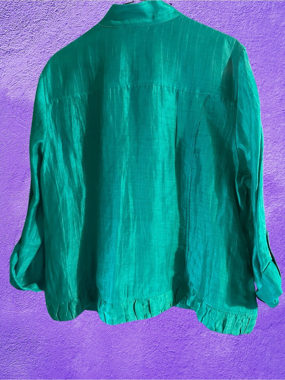 Chico's Emerald Green Ruffled Open Front Jacket - Picture 6 of 6